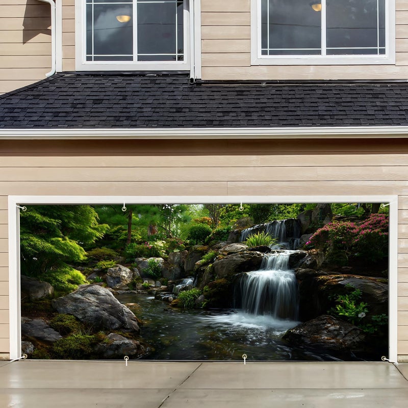 THISFIND Nature Waterfall Garage Door Banner – Tranquil Scenic Outdoor Mural with Rocks, Garden & Lush Greenery – Home Exterior Decoration - Image 1